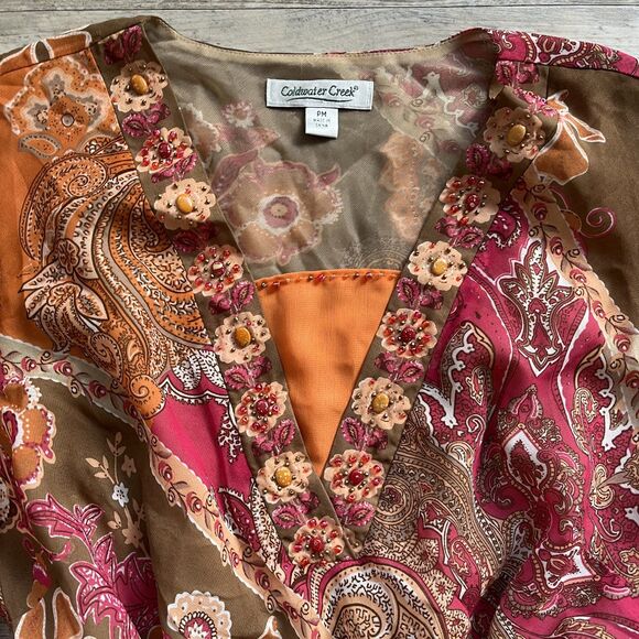 Desi Y2K Top Beading Floral Flowy Mesh Vintage Medium Orange Coldwater Creek - Picture 6 of 8